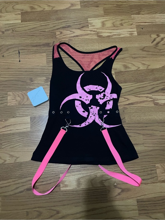Tops - Emo Black Tank Top with Pink Biohazard Graphic and Pink Straps